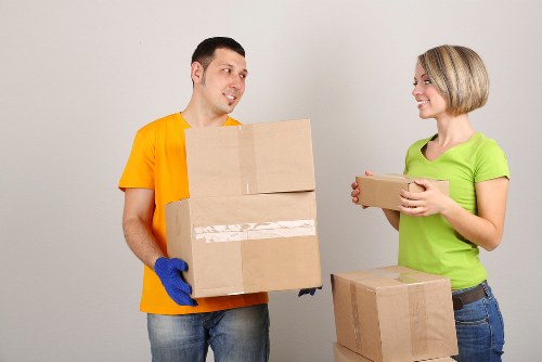 Packed and organized moving boxes in storage