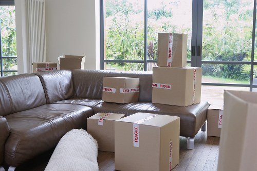 Organized storage unit interior with labeled boxes